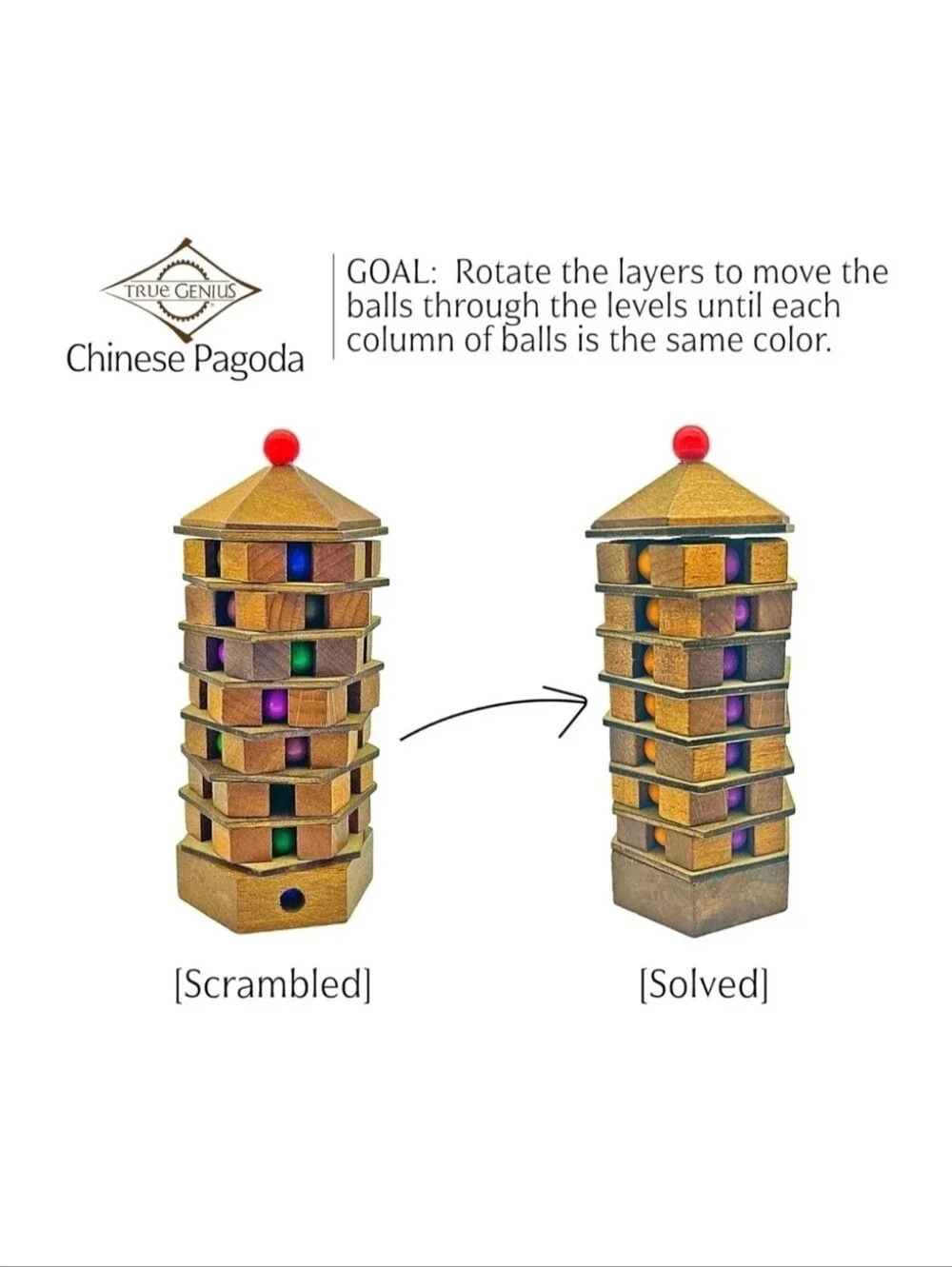 True Genius Chinese Pagoda Wooden Puzzle Brain Teaser 3D Tower Maze Brainteaser